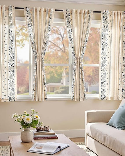 jinchan Winslow Lined Linen Curtains for Bedroom 63 Inches Linen Blended Embroidered Bordered Floral Curtains for Living Room Farmhouse Decor Window Treatments Blue on Beige Drapes 2 Panels