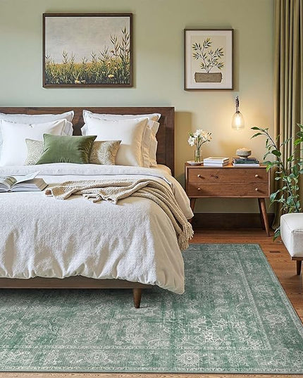 jinchan 8x10 Machine Washable Area Rugs for Living Room – Vintage Floral Soft Stain Resistant Low Pile Rug, Non Slip Ultra-Thin Carpet for Bedroom, Dining Room, Home Office, Nursery (8'x10', Green)