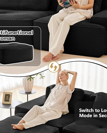 82" Convertible Modular Couches, Deep Seat L Shaped Sofas for Living Room, Modern 2 Seater Love Seat Sofa with 1 Ottoman for Small Space, Comfy Cloud Sectional Sofa Set, Corduroy Fabric Black
