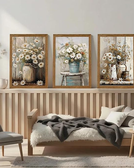 DUWQU 3 Piece Framed Elegant Farmhouse Canvas Wall Art, Vintage Floral Pictures Art Wall Decor, Nature Themed Daisy Art Prints for Living Room Bedroom Kitchen and Office Ready to Hang 16×24 Inches