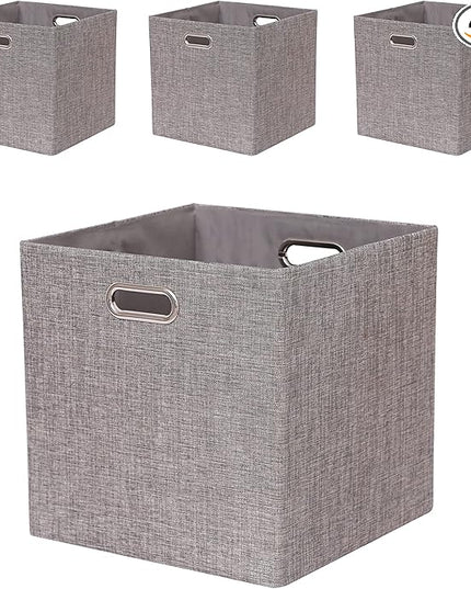 Cube Storage Organizer Bins 13×13x13 Inch, 4 Pack Collapsible Linen Fabric Storage Cubes, Open Home Storage Bins with Handles, Cubby Bins for Kallax Shelf Bookcase Closet Cabinet, Light Coffee