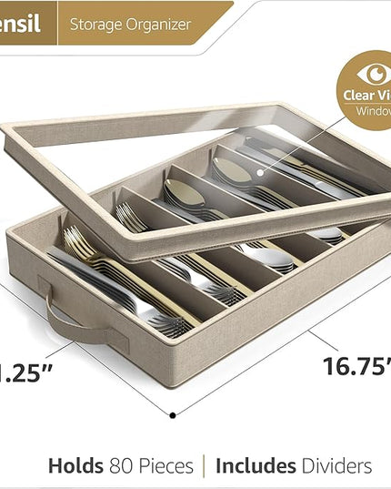 Sorbus Flatware & Utensil Storage - Fabric Chest Box for Storage and Organizing Utensils, Silverware, Flatware, Cutlery - Silverware Organizer Container with Clear Lid & Adjustable Divider
