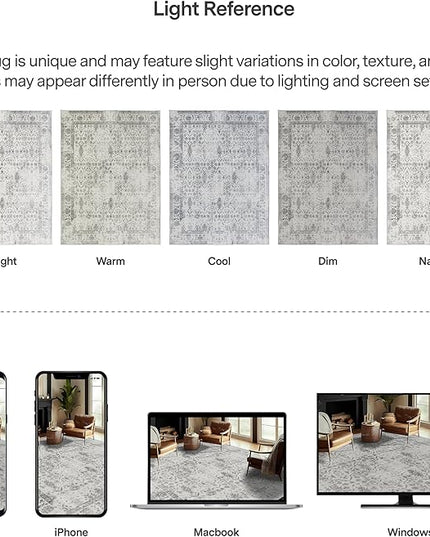 ReaLife Rugs Machine Washable Area Rug - Living Room Bedroom Bathroom Kitchen Entryway Office - Padded Low Pile Stain Resistant Premium - Boho Farmhouse Vintage - Noor - Ivory Grey 7'6" x 9'6"
