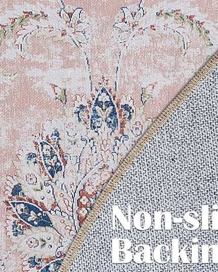 jinchan Fiora Round Rug 8ft Area Rugs - Vintage Floral Distressed Design Machine Washable Non-Slip Low-Pile Ultra-Thin Circle Rug for Living Room Dining Room Bedroom Home Office (8' Round, Pink)