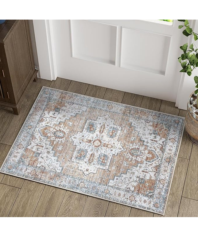 jinchan Oriental 2x3 Rug for Entryway - Machine Washable Non-Slip Doormat Ultra-Thin Low-Pile Small Vintage Floral Distressed Accent Rug for Entrance Bedroom Kitchen Bathroom(2x3ft, Orange)