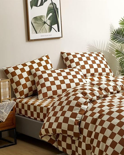 Houseri Plaid Brown and White Comforter Set Cal King - Russet Buffalo Checkered Bedding for California King - Modern Camel Grid Checkerboard Gingham Comforter for Men and Women