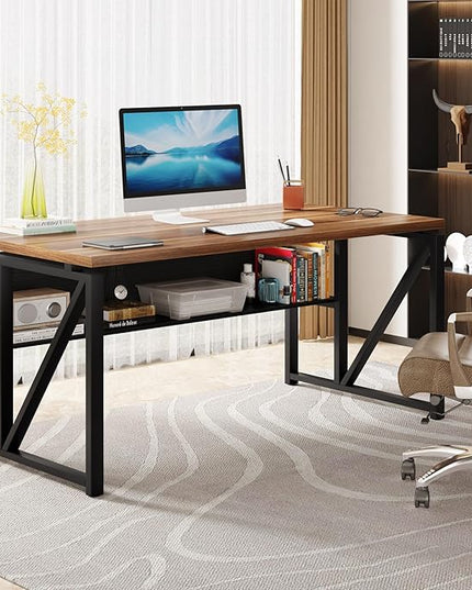 Tribesigns 55 inches Computer Desk with Bottom Storage Shelf Home Office Desk Writing Table for Workstation, Dark Walnut + Steel Leg, Cabinet not Included (Walnut, 55-inch -with Shelf)