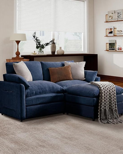Tbfit Living Room Furniture Set, Loveseat Couch & Ottoman, Modern Comfy Cloud Sofa Set, Spring Seat Cushions, Chenille, Blue