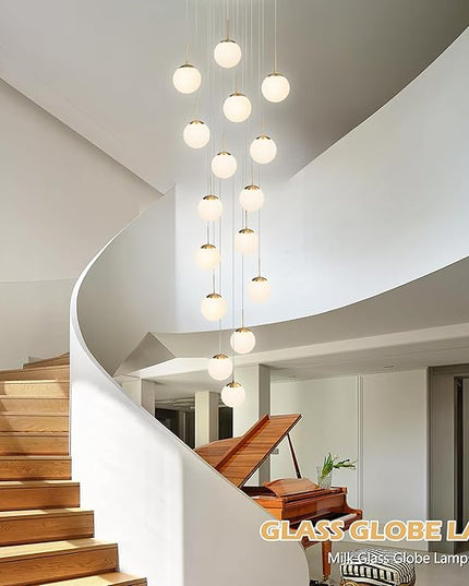 KoKo&Yukina 16-Light Gold Mid Century Modern Chandelier for Living Room Staircase Chandelier for Entryway Globe Milky White Glass Pendant Light High Ceiling Chandeliers Foyer (Bulb & Remote Incl.)
