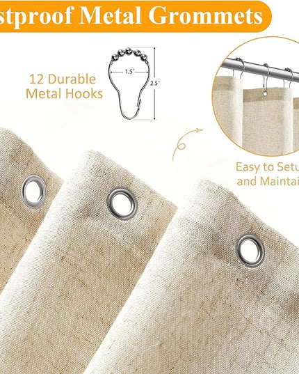 Naturoom Extra Long 90 Inch Shower Curtain, Beige Linen Hotel Luxury Country Boho Farmhouse Shower Curtains for Bathroom Weighted Fabric Hotel Luxury Bath Curtains Set with Hooks, 72x90，Cream