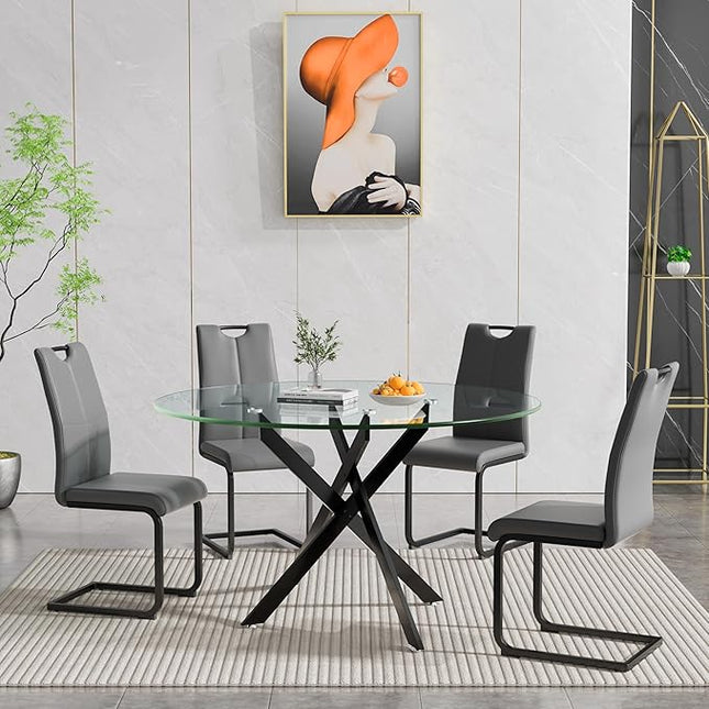 HomVent 5 Piece Round Glass Dining Table Set, Round Glass Kitchen Table Set for 4 with 4 PU Upholstered Dining Chairs for Kitchen Dining Room
