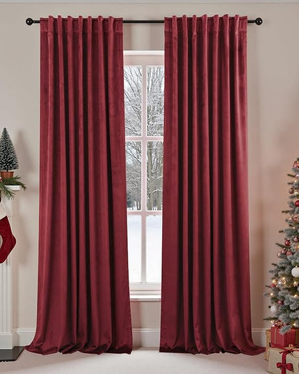 Red Velvet Pleated Blackout Curtains with Hooks, Christmas Curtains for Living Room, Cortinas Rojas De Navidad Para Sala, Holiday Curtains for Dining Bedroom Movie Theater, 84 Inch Long, 2 Panels Set