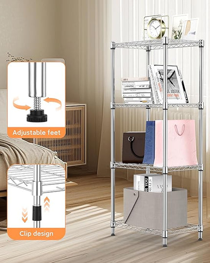 4 Tiers Shelf Metal Storage Shelves Wire Rack Closet Organizers with Wheel for Garage Kitchen Bathroom Laundry Chrome 11.8" D x 17.7" W x 41.9" H