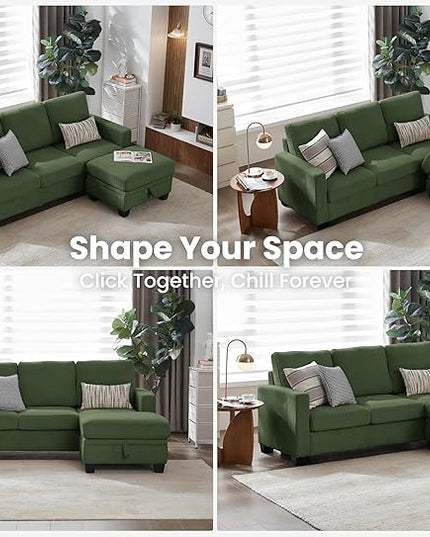 CHIC HOUSE Corduroy Modular Sectional Couch with Ottoman Chaise, L/U Shaped Sleeper Sofa for Living Room, Apartment, Lounge, Modern Armrest Neck Support Furniture (4 Seater Sectional, Green)