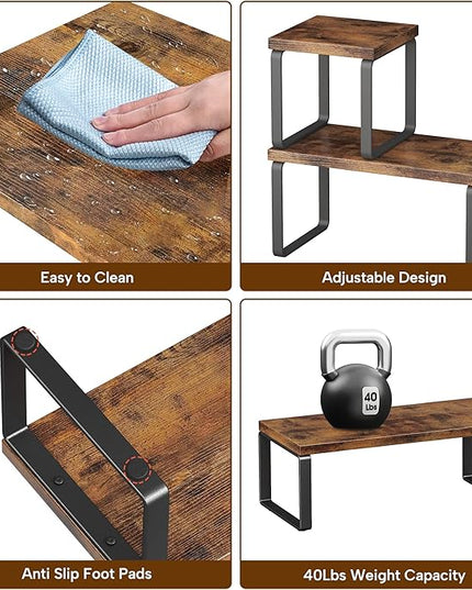 Homeiju Wooden Desktop Organizer Shelf, 2-Tier Adjustable Freestanding Bookshelf Desk Shelf, Stackable Desk Organizer for Office, Dorm, Bedroom, Space Saving, Easy Assembly, Rustic Brown (1 Pack)