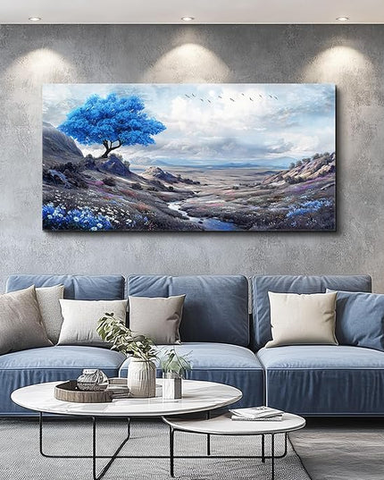 XIGUANGART Blue Flowers Tree of Life Art Prints Painting Landscape Canvas Wall Art for Bedroom Nature Picture Modern Artwork Wall Decor for Living Room Kitchen Home Office Mural Posters Gift 24"X48"
