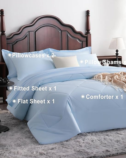 NTBAY King Comforter Set with Sheets, 7 Pieces Soft and Breathable King Bedding Set, Bed in a Bag, Down Alternative Comforter Set Solid Color All Season, King Bedding Set, Aqua