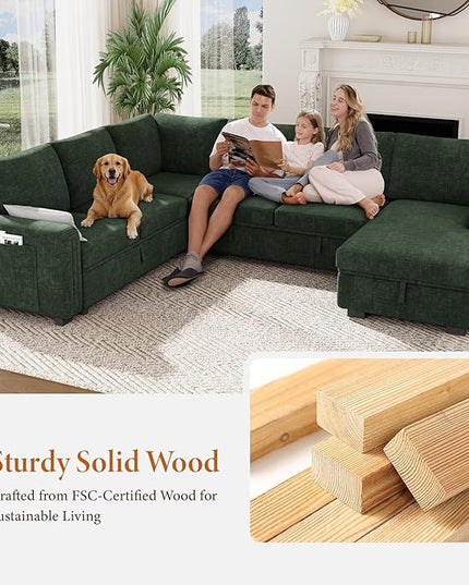 Vesgantti 113.6" Modular Sectional Sofa with Pull Out Couch Bed, 7 Seater U Shaped Sleeper Sofa with Storage Chaise, Chenille Sectional Couch for Living Room, Bedroom, Apartment, Green