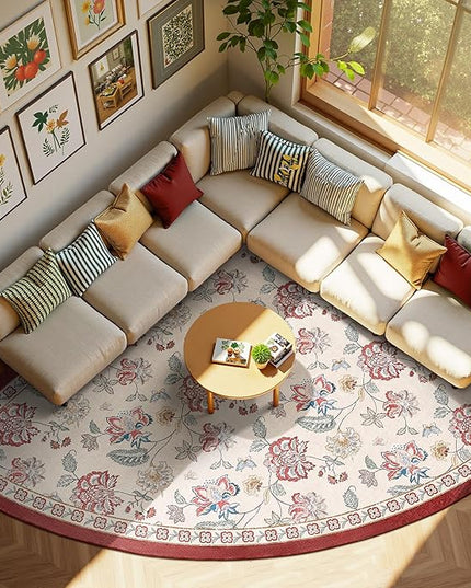 jinchan Elora Floral Corner Rug for Living Room Washable Rug Vintage Romance Christmas Design Non Slip Quarter Circle Lightweight Low-Pile Throw Carpet for Reading Playroom, 8ft Radius, Red/Beige