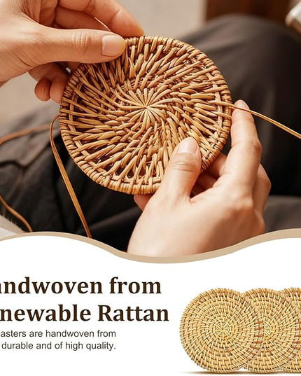 6Pcs Handmade Rattan Coasters with Holder -Woven Coasters for Drinks, Round Rattan Coaster, Rustic Farmhouse Wooden Coffee Table Decor, Kitchen, Dining Room, Housewarming Gift (Brown A)