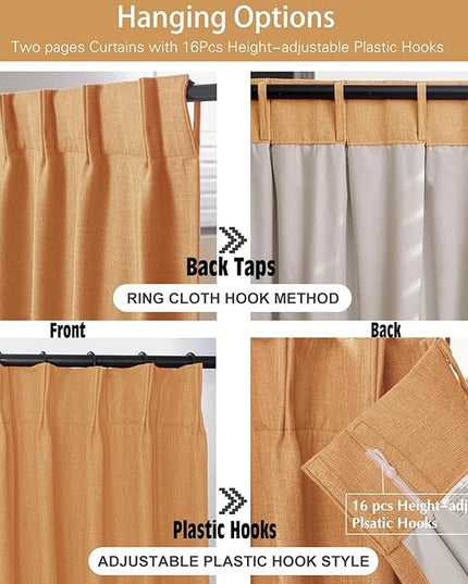 IVAPUPU Linen Pinch Pleated Blackout Curtains for Bedroom - Full Black Out Gold Curtains 90 Inch 2 Panels Set for Living Room Darkening Thermal Window Curtain Drapes with 16pc Hooks