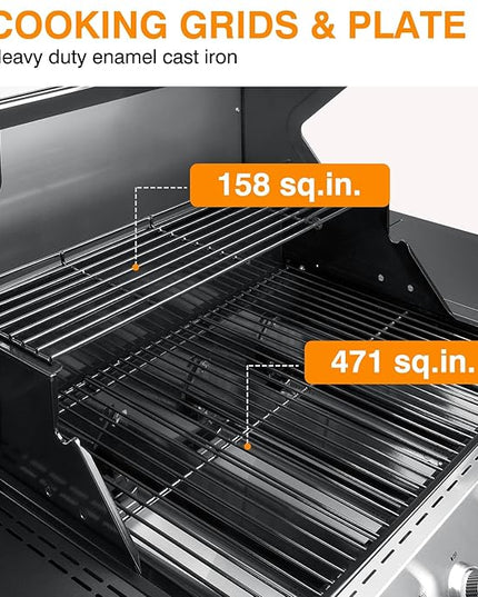 4 Led Burner Propane Gas Grill with Side Burner & & Visual Glass, Stainless Steel Gas Grill with Enameled Cast Iron Grates, 60,000 BTUs Output for Outdoor Cooking and Patio Backyard Barbecue