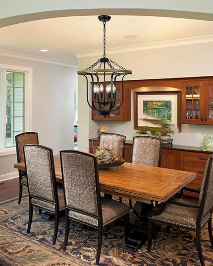 Black Farmhouse Chandelier Light Fixture, 6-Light Rustic Lantern Pendant Light,Vintage Cage Chandelier for Entryway Foyer Dining Room Kitchen Island Hallway.