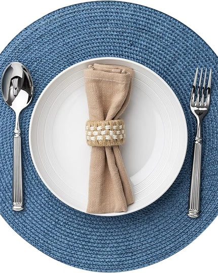 Round Placemats Set of 4 Plastic Woven Placemats Washable Wipeable Table Mats for Dining Table Heat Resistant Non-Slip Circle Place Mats (Royal Blue)