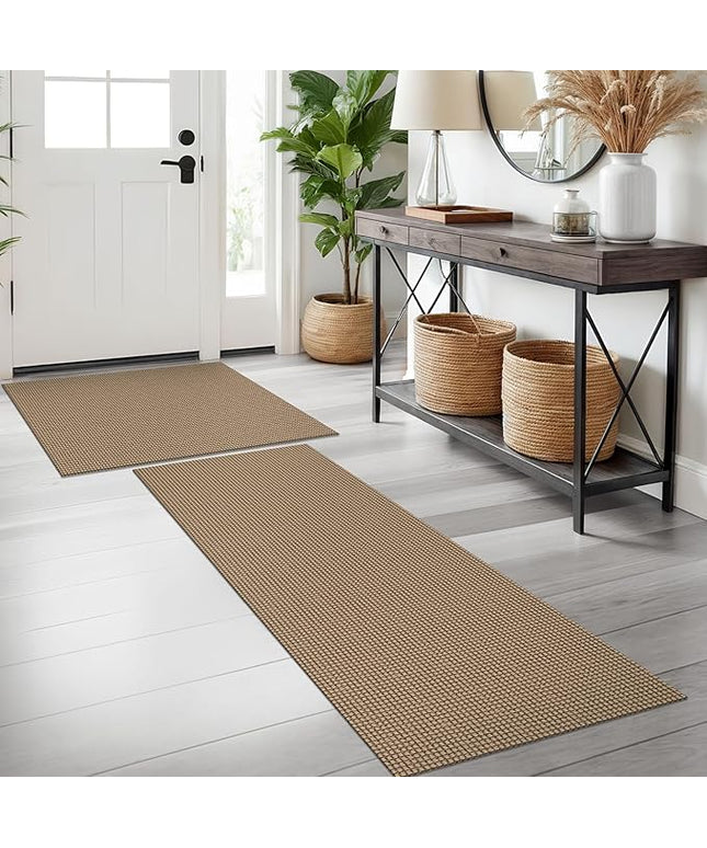 KOZYFLY Area Rug Runner Sets of 2 Pcs 2x3 and 2x5 Washable Kitchen Rugs Non Slip Rubber Backed Hallway Rug Woven Cotton Entrance Rugs for Front Porch Bathroom Kitchen Bedroom, Tan/Orange/Brown
