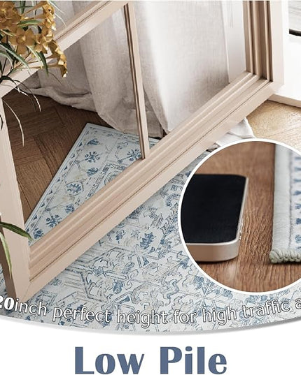 jinchan Lima Hallway Runner Rug 2x10 Washable - Vintage Floral Non Slip Low-Pile Soft Ultra-Thin Faux Wool Kitchen Rug Distressed Carpet Runner for Farmhouse Bedroom Laundry (2x10ft, Blue)