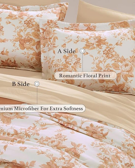 Queen Comforter Set -7 Pieces Autumn Leaf Floral Comforter Set for All Seasons, Bed in a Bag Queen with Botanical Flowers Comforter, Sheets, Pillowcases & Shams