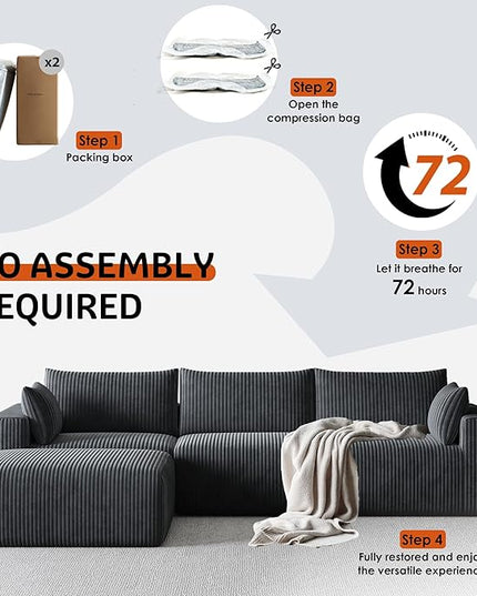 108”Modern Modular L-Shape Couch with Chaise, Modular Sectional Couches for Living Room, Deep Seat Boneless Sofa Bed, No Assembly Required Sleeper Sofa, Plush Corduroy Fabric, Dark Gray