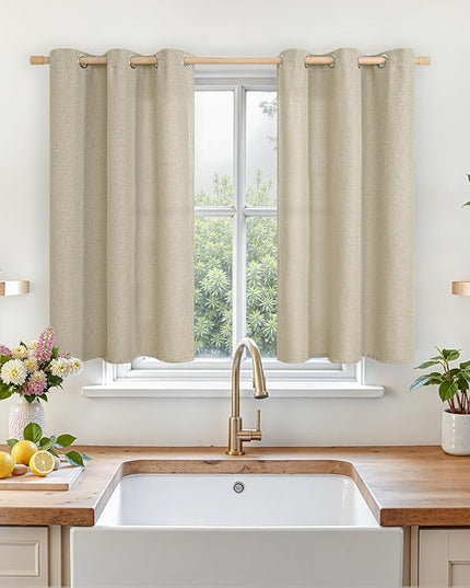 LAMIT Camel Linen Curtains 40 inches Long for Bedroom, Grommet Thermal Insulated Thick Farmhouse Curtains Noise Reducing Window Treatment Drapes for Small Windows, 2 Panels, W42 x L40
