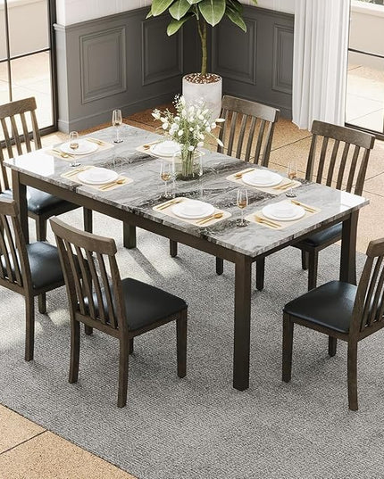 AMERLIFE 7-Piece Dining Table Set with 6 PU Leather Upholstered Chairs, Heavy-Duty Solid Wood Set with 71" Faux Marble Modern Table for Kitchen & Dining Room, Dark Brown