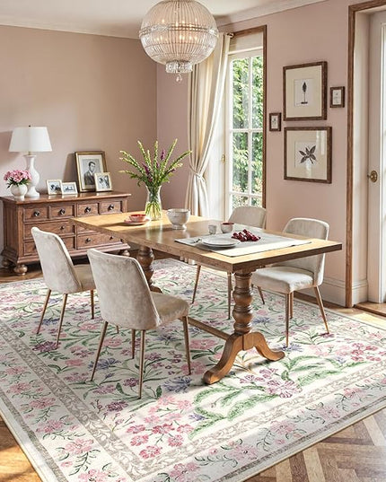 Wonnitar Purple Floral 8x10 Area Rugs, Washable Rug for Living Room, Soft Ultra-Thin Non-Shedding Large Indoor Boho Carpet for Bedroom Nursery Playroom Classroom Decor, Light Purple/Pink