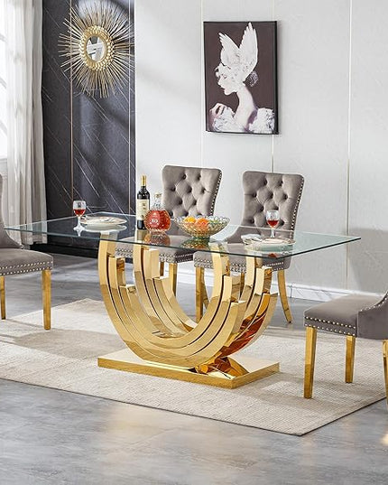 Henf 70'' Glass Dining Table for 4-8 People, Sturdy Stainless Steel Base, Rectangular Dining Room Table for 6, Glass Kitchen Table for Family, Gold Dining Table for 6