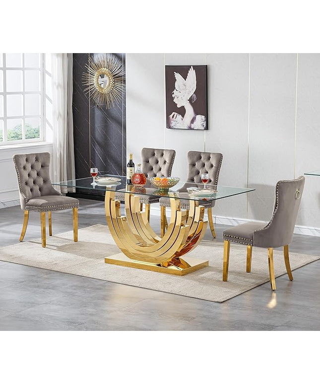 Henf 5-Piece Glass Dining Table Set with 4 Upholstered Dining Chairs,Large Glass Dining Room Table Set for 4, Modern Kitchen Table Furniture for Dining Room, Gold Dining Table and Chair Set for 4