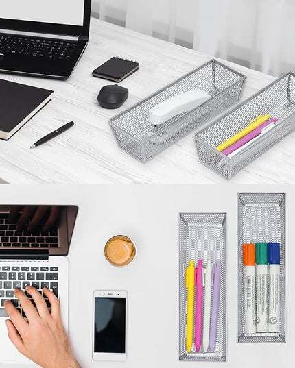 Neudeco Silverware Organizer,Mesh Drawer Organizer for Kitchen，Metal Utensil Organizer for Flatware, Knives, Spoons,Cosmetic (Silver 9 * 3 * 2 inch Pack6)