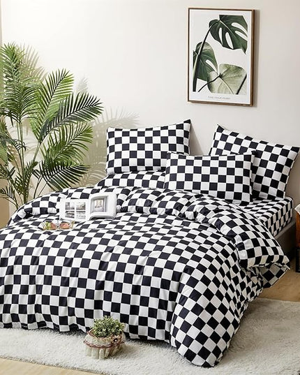 CLOTHKNOW California King Comforter Set Black Grid 3Pcs Bedding Comforter Sets Checker Comforter Black and White Comforter Sets Cal King
