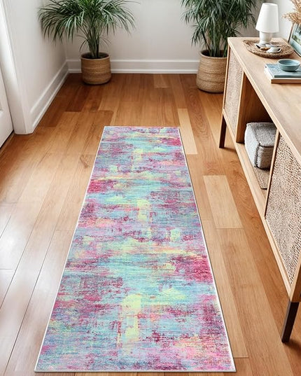 IOHOUZE Abstract Runner Rug 2x7 Ft Washable Runners for Hallways, Non Slip Kitchen Runner Printed Faux Wool Entryway Runners Indoor, Modern Abstract Floor Carpet for Hall Kitchen Bedroom, Pink Teal