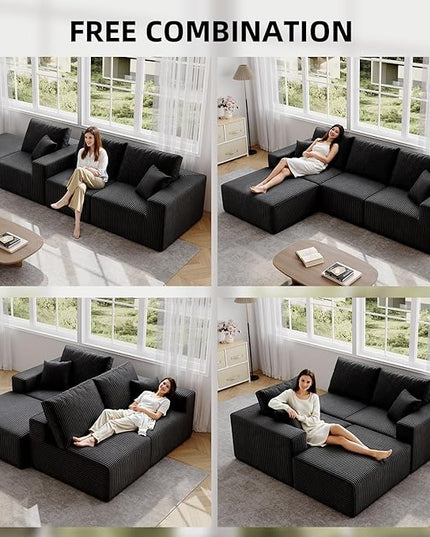 139" Boneless Cloud Sectional Couch for Living Room, Compressed Modular L-Shaped Sofa with Deep Seat, Frameless Corduroy Couch in Boxes, No Assembly Required 4-Seater (Left-Facing Chaise, Black)