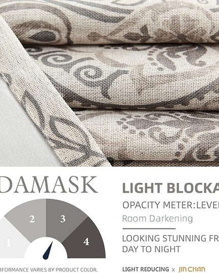 jinchan Linen Textured Curtains for Living Room Darkening 63 Inch Length, Medallion Drapes for Bedroom, Damask Pattern Window Treatments Vintage Curtain Panels, 2 Panels Grey on Greige