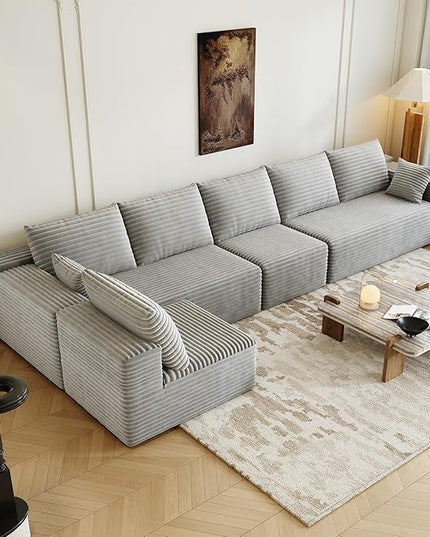139.4" Modular Sectional Sofa, U-Shaped Minimalist Couches with Ottoman and Middle Seat, Modern Deep Seat Convertible Sleeper Sofa Bed, Reversible Chaise, Cloud Plush Corduroy Fabric,6 Seater, Grey
