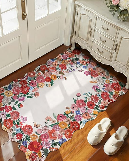 Wonnitar Washable Area Rug 3x5, Soft Red Camellia Floral Rugs for Living Room Bedroom, Non Slip Cute Flower Nursery Rug Scalloped Rug Carpet for Kids Room Bedside Entryway Laundry Room (Red,3'x5')