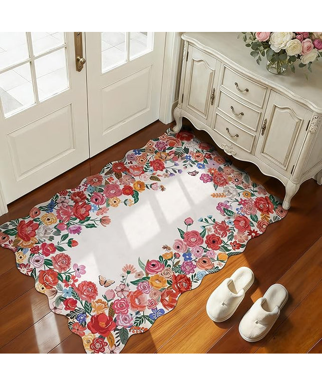 Wonnitar Washable Area Rug 3x5, Soft Red Camellia Floral Rugs for Living Room Bedroom, Non Slip Cute Flower Nursery Rug Scalloped Rug Carpet for Kids Room Bedside Entryway Laundry Room (Red,3'x5')