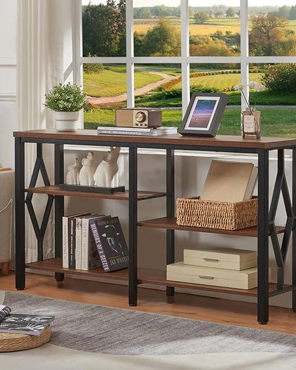 HOMBAZAAR Console Sofa Table, Rustic Entryway Table with Metal Frame and Open Shelves, Industrial Hallway Table with 3 Tier for Entry, Living Room, Foyer,Brown,47 inch