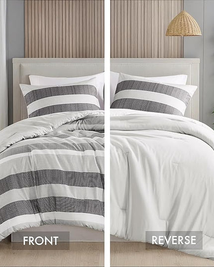 King Comforter Set, 3 Pieces Striped Bed Set, Soft Brushed Microfiber Reversible Bedding Set for All Season, Lightweight & Breathable Bedding Set with Comforter & Shams, Black/Grey