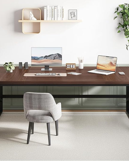 HSH 70 Inch Long Walnut Desk, 2 Person Large Work Desk for Home Office, Rustic Wood and Metal Executive Writing Study Gaming Computer Table, Modern Bedroom Living Room PC Laptop Dual Monitor Table