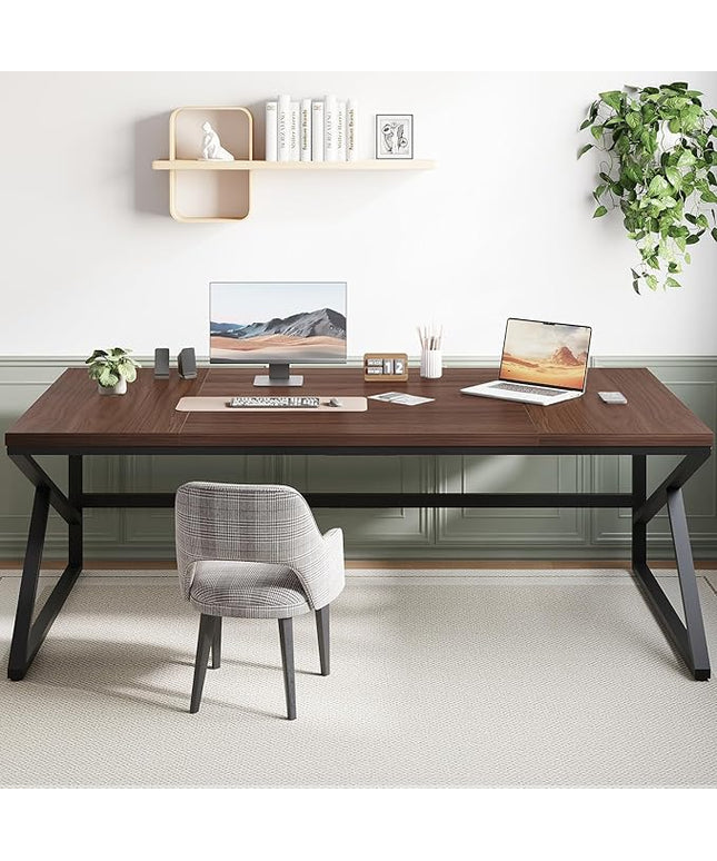 HSH 70 Inch Long Walnut Desk, 2 Person Large Work Desk for Home Office, Rustic Wood and Metal Executive Writing Study Gaming Computer Table, Modern Bedroom Living Room PC Laptop Dual Monitor Table