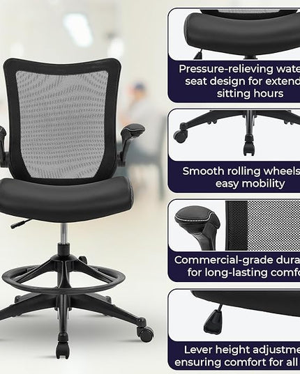 OfficeFactor Drafting Chair Tall Office Chair, 300 lb Capacity Standing Desk Chair, Adjustable & Ergonomic Desk Chair, Flip-Up Armrests, Mesh Back, Comfortable Leather (Black)